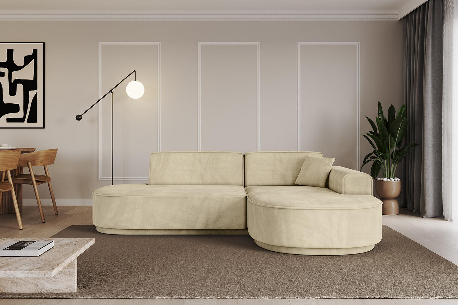 ECKSOFA Ottomane Rechts MARI-L1-v3 - 243x171x83 cm Beige Velours - Beige/Schwarz, Holzwerkstoff/Kunststoff (171/243cm) - ALTDECOR