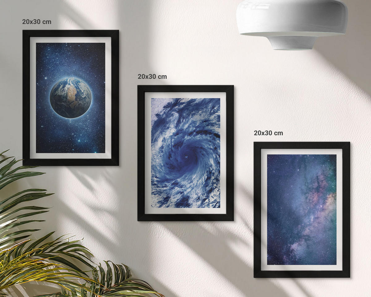 BILDER SET 3er Set - 20x30 cm Schwarzer Rahmen - Erde Weltraumsturm Galaxie - Schwarz, Kunststoff (20/30cm) - TULUP
