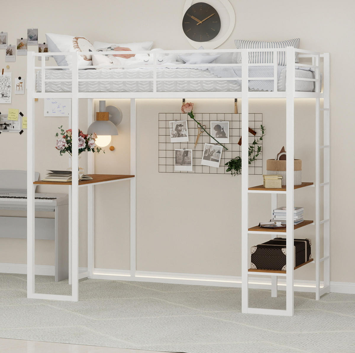 HOCHBETT 90/200 cm mit Schreibtisch, beidseitiger Leiter und stabilem Metallrahmen, Weiß - Weiß, Metall (90/200cm) - Redom
