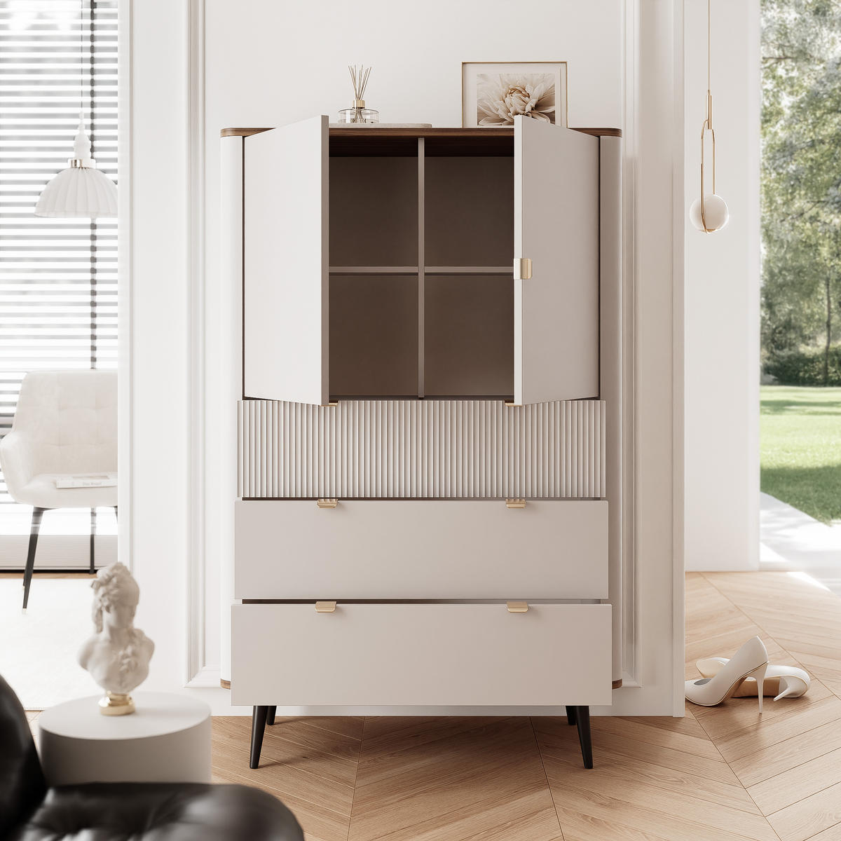 KLEIDERSCHRANK mit Schubladen NAVANI 90 cm Kaschmir Stein - Kaschmir/Schwarz, Holzwerkstoff/Metall (90/142/40cm) - Idohome