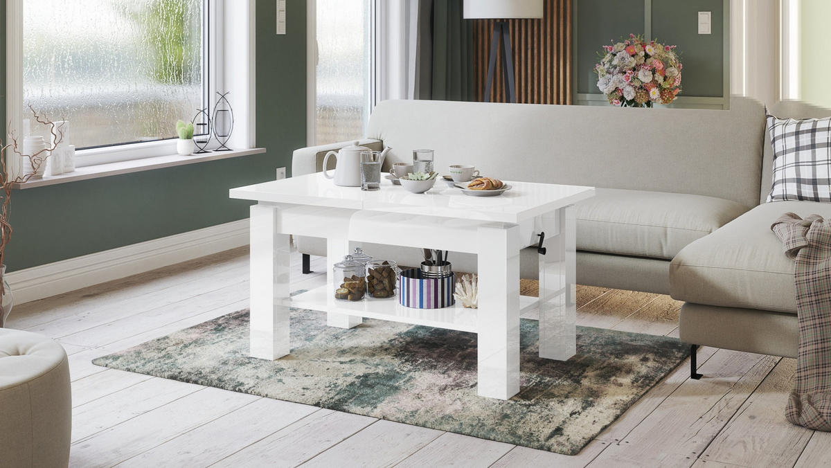 COUCHTISCH rechteckig Weiß Hochglanz ausziehbar höhenverstellbar - Weiß Hochglanz, Holzwerkstoff (68/110/59cm) - designimpex