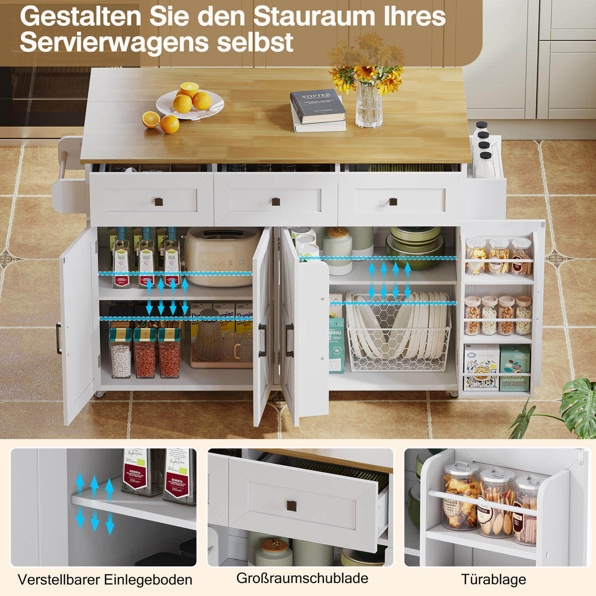 KÜCHENINSEL 140/43(70)/90,5 cm mit klappbarer Arbeitsplatte, 4 Türen, 3 Schubladen und Rollen, Weiß/Natur - Weiß, Holzwerkstoff (140/93/70cm) - Redom