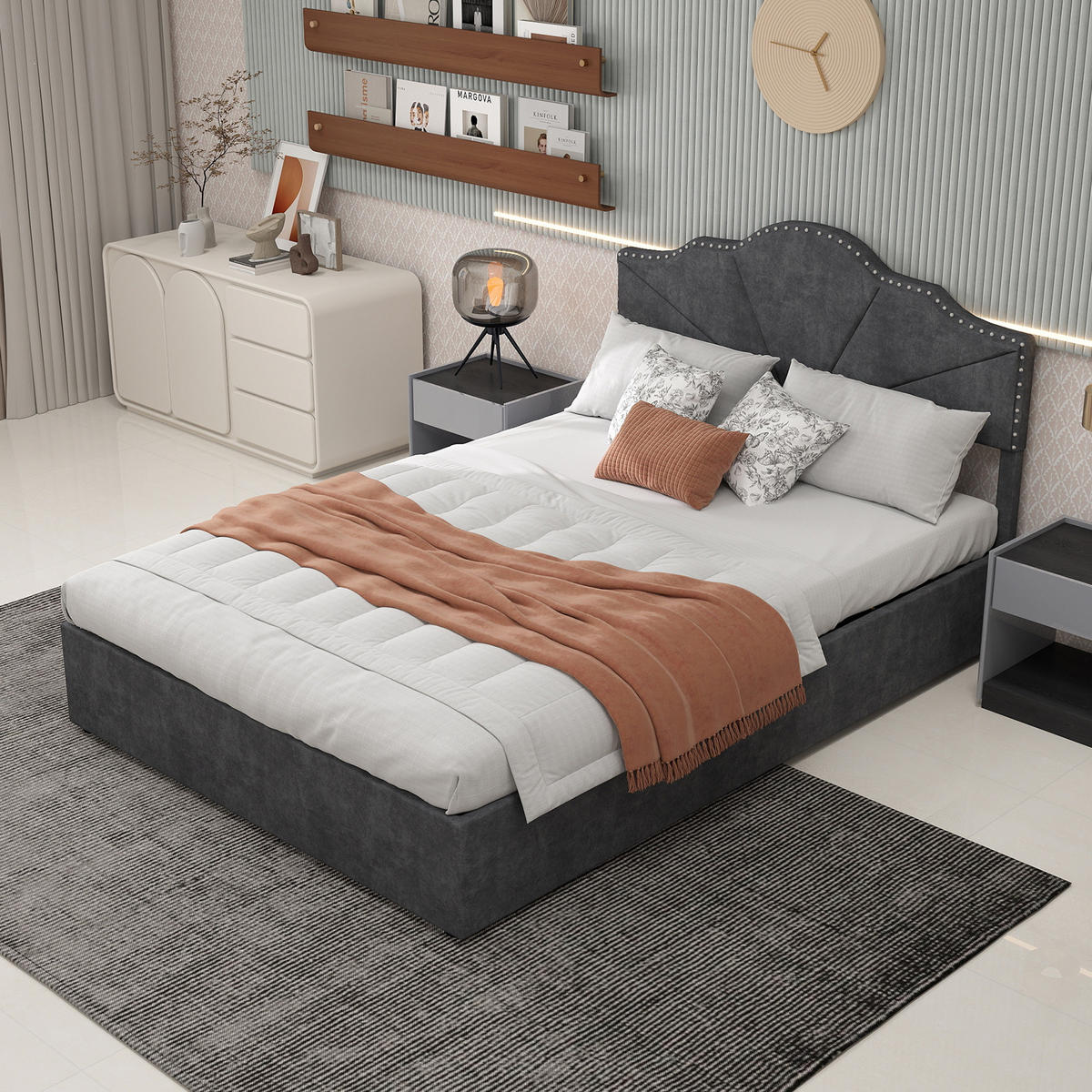 POLSTERBETT 160x200 cm Samt Stauraum hydraulisch grau - Grau, Textil (160/200cm) - LEBENLANG