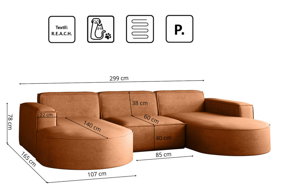 ECKSOFA U-Form Modena, Sofa Elegant und Moderne Stoff Salvador Braun - Braun, Holz/Textil (299/165cm) - Kaiser Möbel