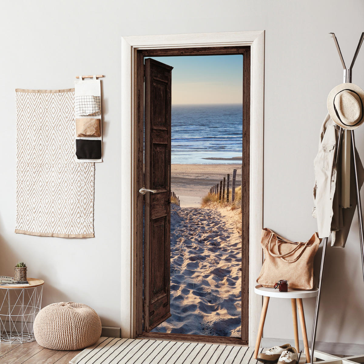 FOTOTAPETE Tür - Fensterblick - Strand - Meer - Weg - Dünen 75x205 cm - Sandfarben, Kunststoff (75/0.1cm) - MuchoWow