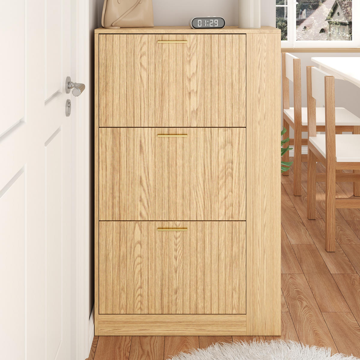 SCHUHSCHRANK 3 Türen Holz Stauraum Offene Regale Minimalistisch - Naturfarben, Holzwerkstoff (23.5/115/70cm) - FLIEKS