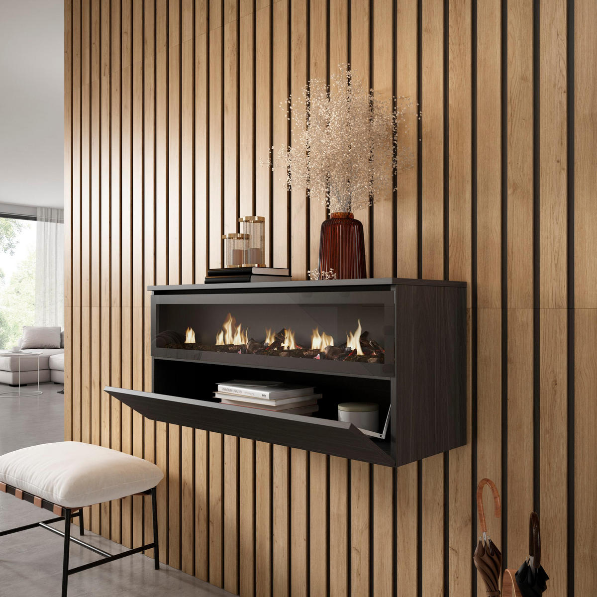 ELEKTROKAMIN LED, Hängend, schwarz, 102/35/45cm - Schwarz, Holzwerkstoff (102/45/35cm) - Skraut Home