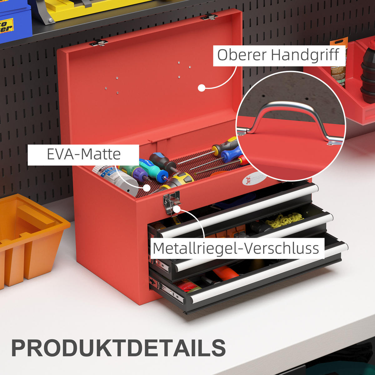 WERKZEUGKISTE leer, 45 x 24 x 27 cm Werkzeugkasten mit 3 Schubladen, Rot - Rot, Metall (45/27/24cm) - DURHAND