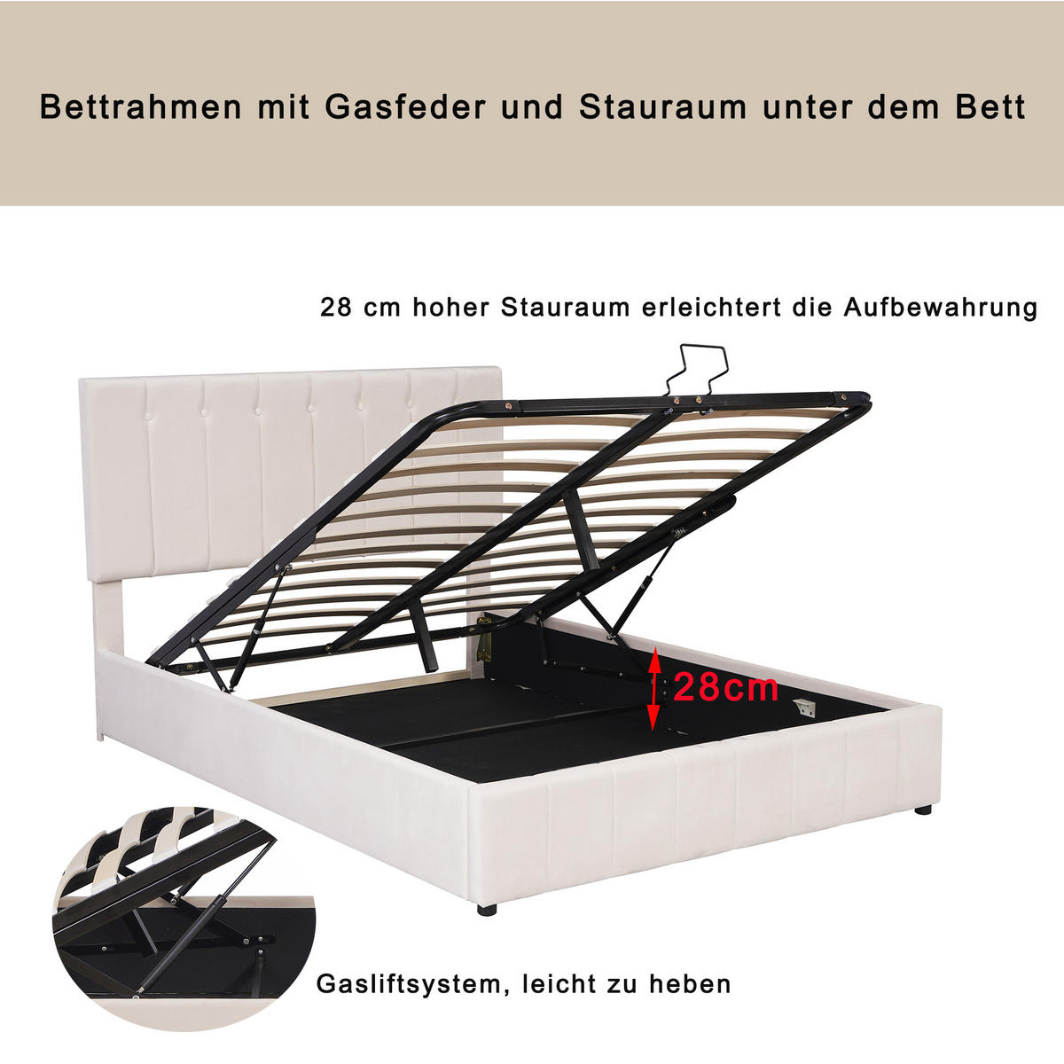 POLSTERBETT 140x200 Hydraulisch Stauraum Kopfteil Samtstoff Cremeweiß - Creme, Holzwerkstoff - FLIEKS