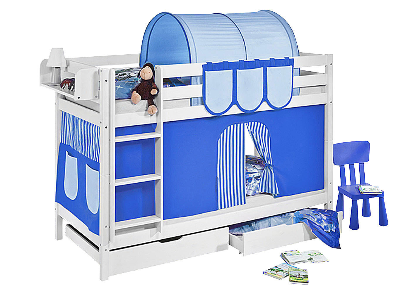 ETAGENBETT JELLE 90x190 cm blau gestreift - Hochbett - inkl. Vorhang und 2 Lattenrosten - Weiß, Holz - Lilokids