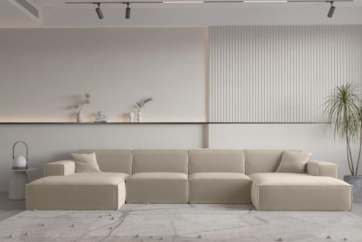 WOHNLANDSCHAFT Celes Premium Opera - Beige, Holzwerkstoff/Textil (379/73/165cm) - Fun Möbel