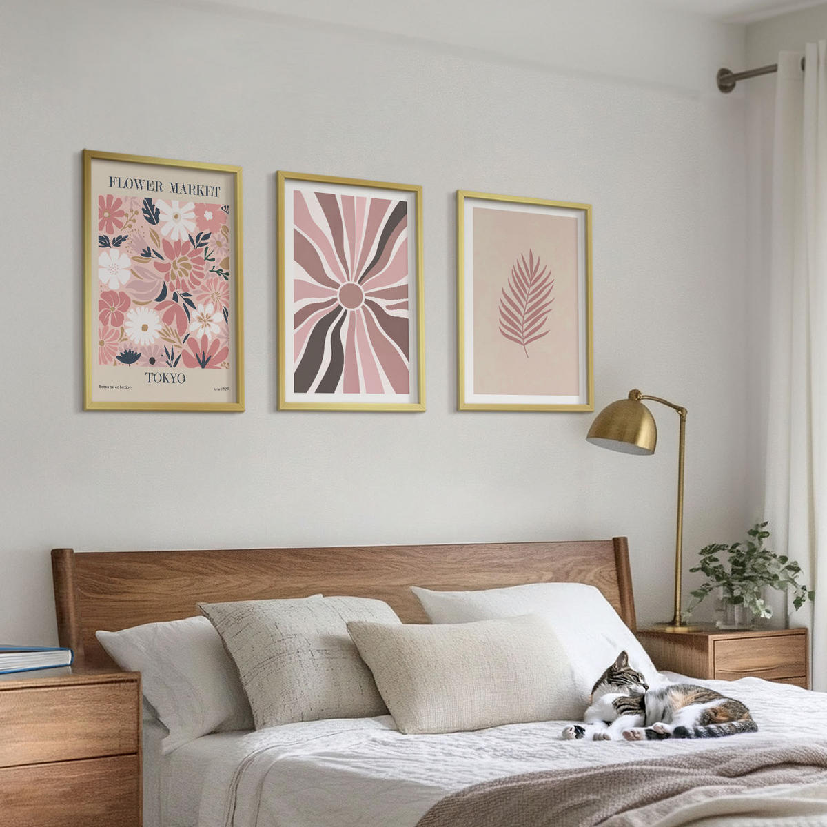 WANDBILDER 3er Set - 40x60 cm Goldrahmen - Florale Blattmuster und Geometrie - Goldfarben, Kunststoff (40/60cm) - ArtPrintCave