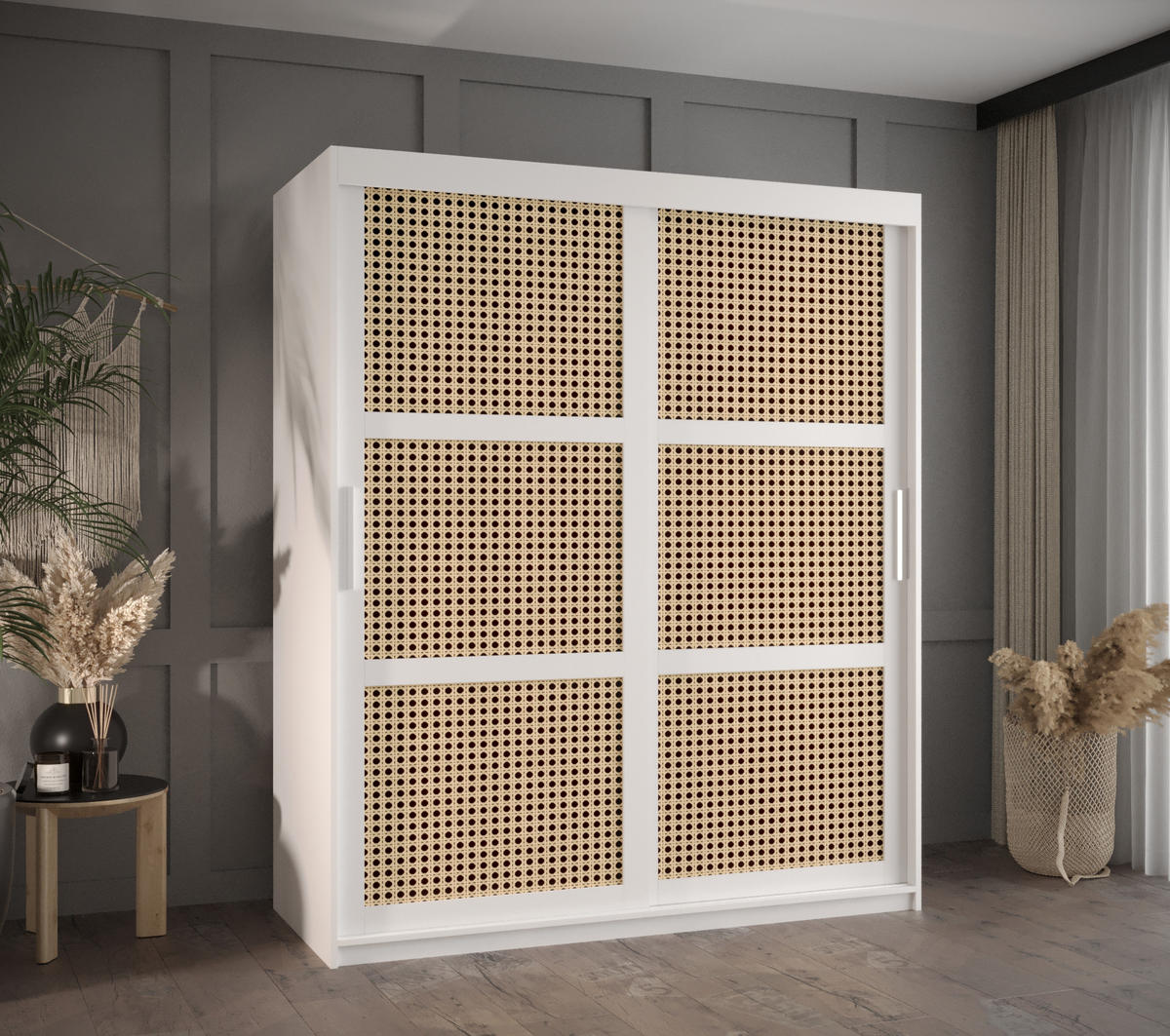 SCHWEBETÜRENSCHRANK 200/150/62 2-türig - Silberfarben/Weiß, Holz/Kunststoff (150/200/62cm) - MÖBEL KRYSPOL