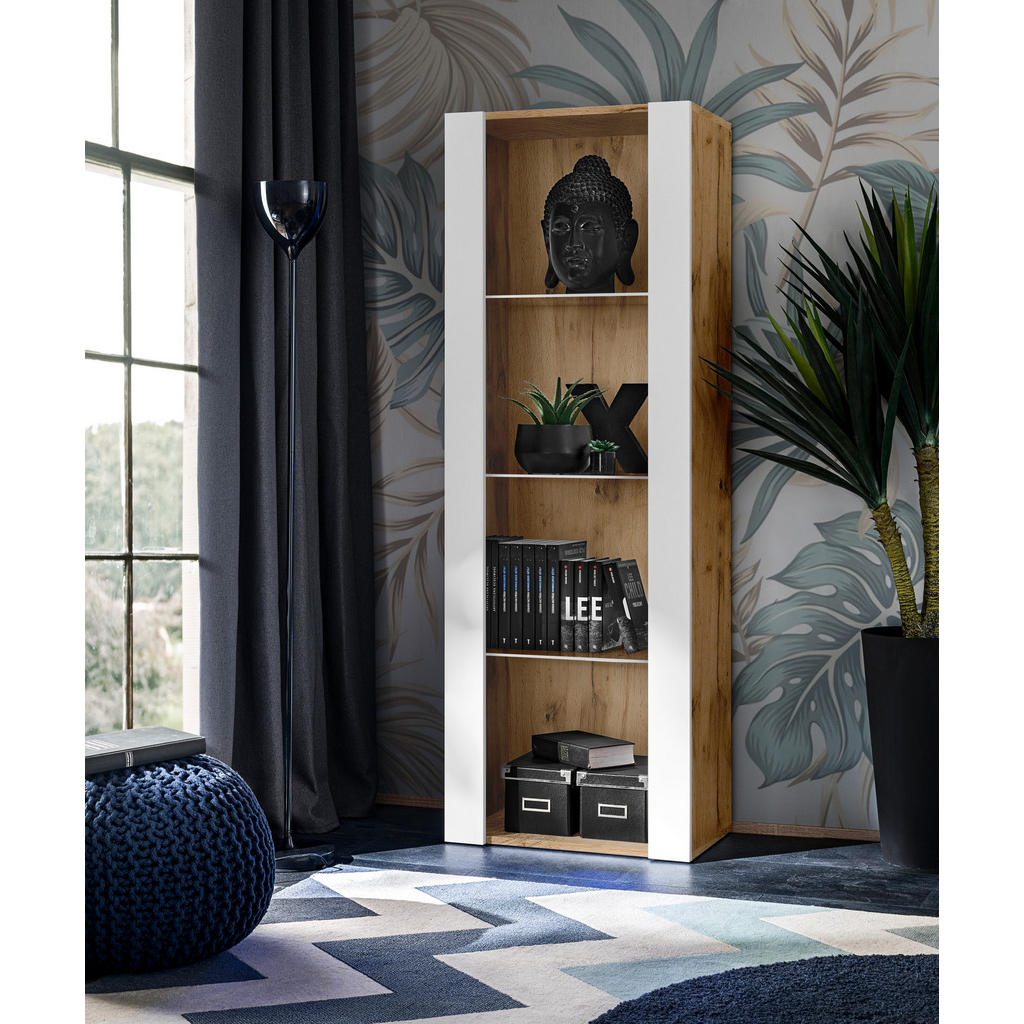 Thumbnail - Komodee Vitrine, Eiche Wotan, Weiß, Glas, Holz Optik, 3 Fächer, Rechteckig, 55x159x35 cm, Wohnzimmer, Wohnwände, Vitrine...