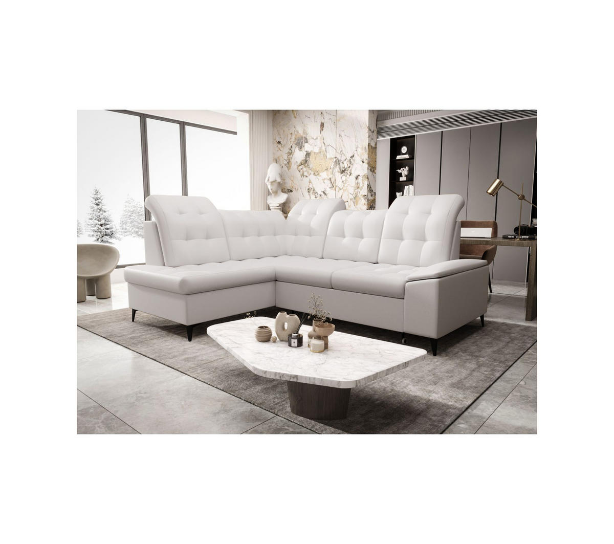 ECKSOFA KONGO RBN16, Eckcouch in L-Form mit Schlaffunktion, Farbe: Weiß, Kunstleder, Ottomane Links - Weiß, Textil (268/210cm) - O-Sofa