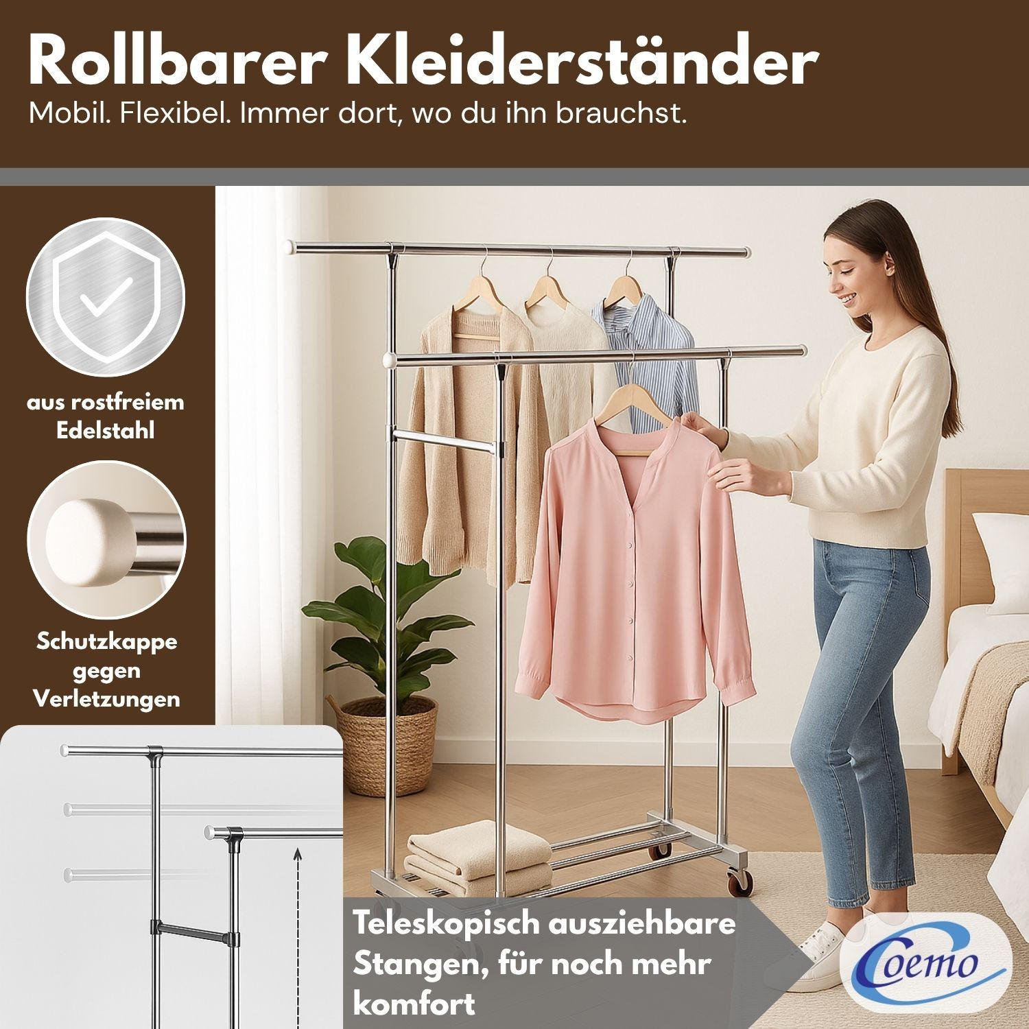 KLEIDERSTÄNDER rollbar, 2 Kleiderstangen 160/42/162 cm - Silberfarben, Metall (42/160/160cm) - Coemo