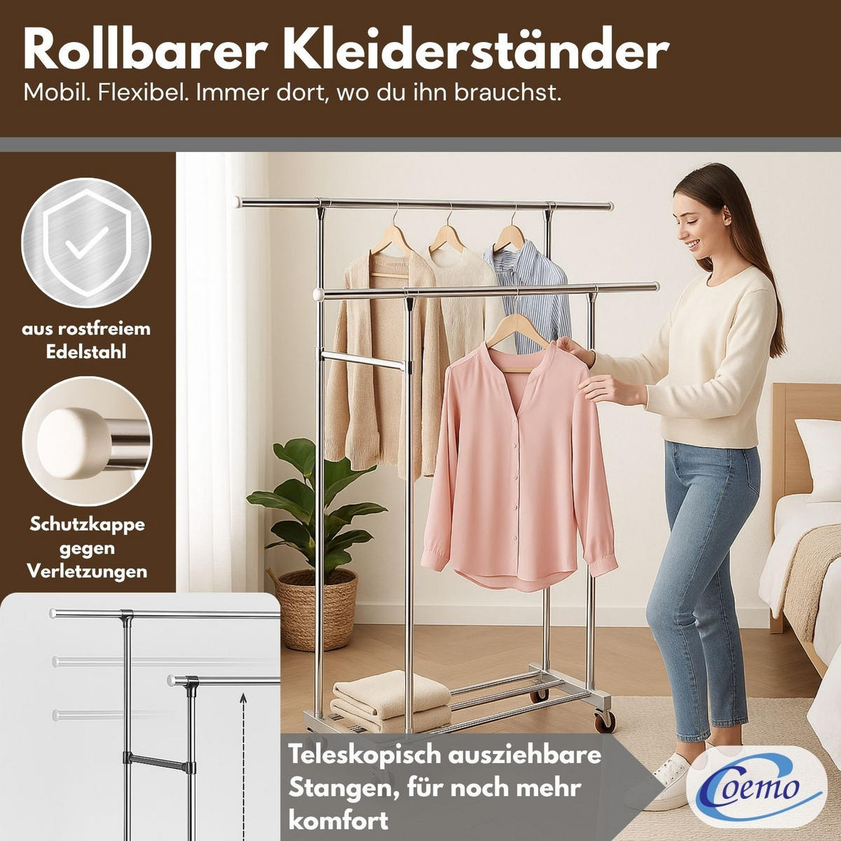 KLEIDERSTÄNDER rollbar, 2 Kleiderstangen 160/42/162 cm - Silberfarben, Metall (42/160/160cm) - Coemo
