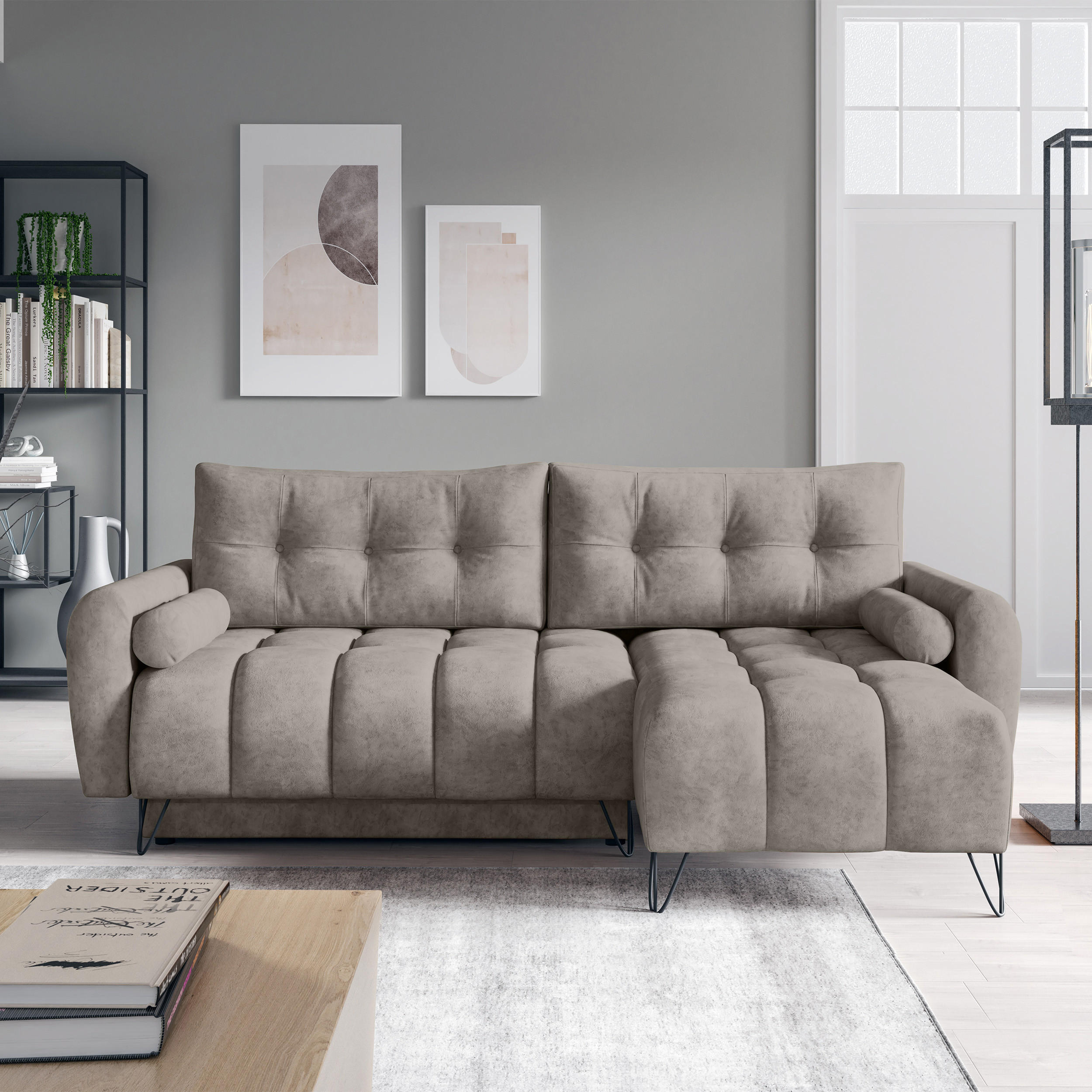ECKSCHLAFSOFA Malaga Mini universeller Ottomane, Dunkelbeige - Beige/Schwarz, Textil (222/148cm) - Beautysofa