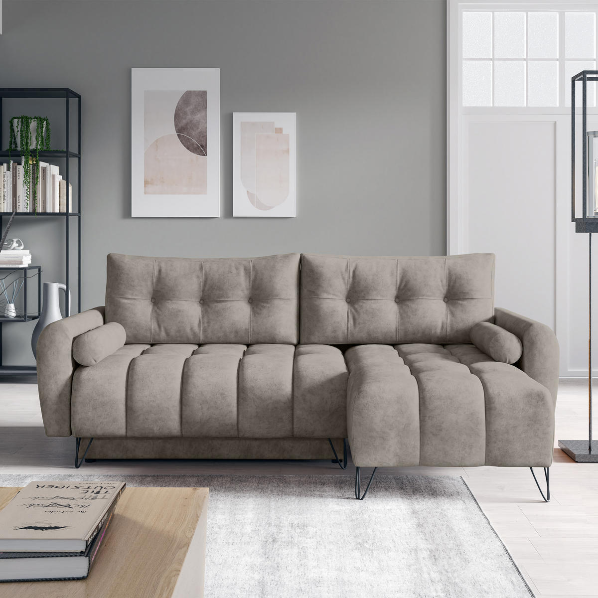 ECKSCHLAFSOFA Malaga Mini universeller Ottomane, Dunkelbeige - Beige/Schwarz, Textil (222/148cm) - Beautysofa