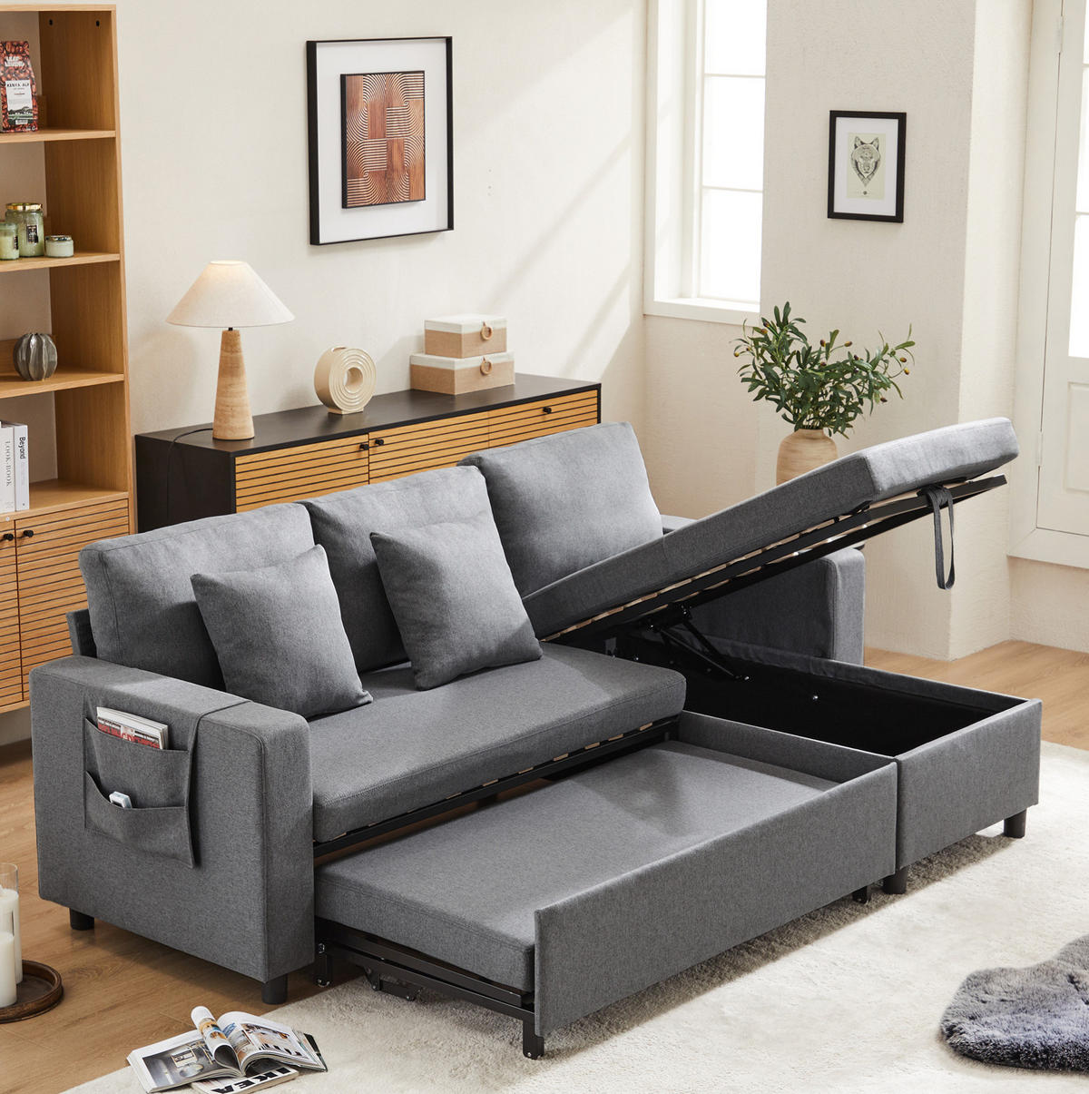 ECKSCHLAFSOFA Leinen mit Stauraum und Seitentaschen Dunkelgrau 219,5/142,5/83 cm - Dunkelgrau, Textil (83/142.5cm) - Redom