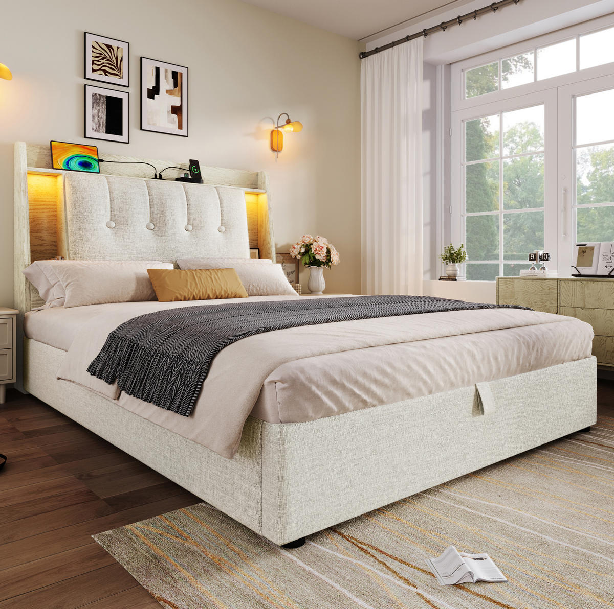 POLSTERBETT 90/200 cm Beige aus Leinen und MDF mit LED-Beleuchtung - Beige, Textil (90/200cm) - OKMYHOME