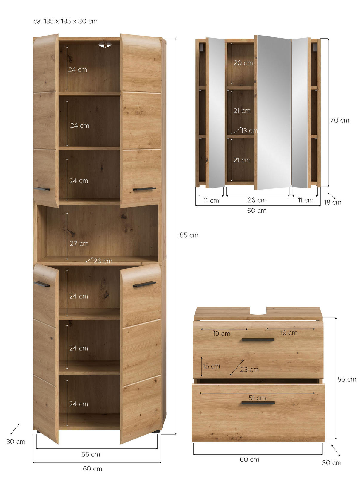 BADEZIMMER Alba 3-tlg . (B/H/T: ca. 135/185/30 cm) in Artisan Oak /Artisan Oak - Eiche Artisan, Holz (135/185/30cm)