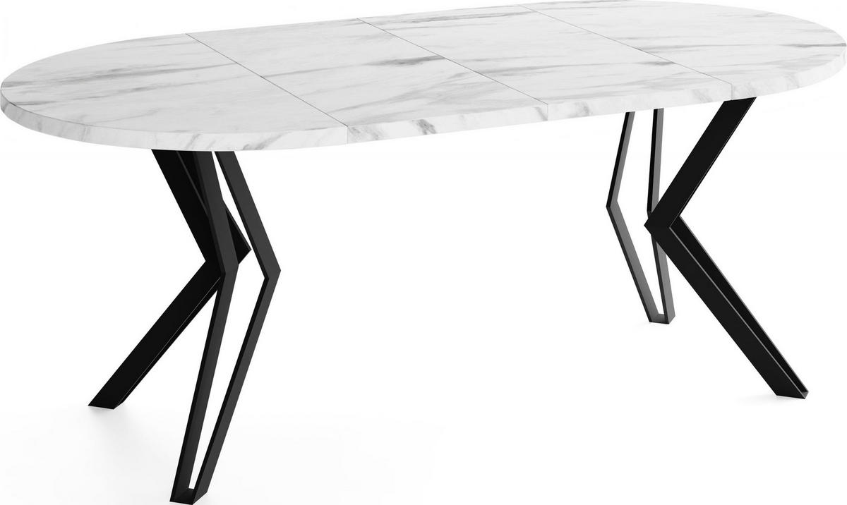 ESSTISCH Revena runder ausziehbarer, Marmor Weiß 120-200/120/76 cm - Ecru/Schwarz, Holzwerkstoff/Metall (120/200/76cm) - WFL GROUP