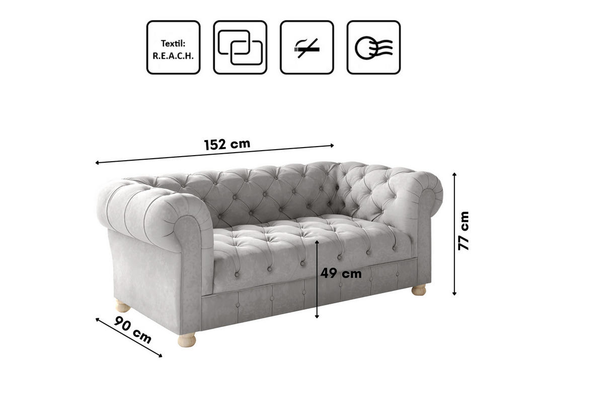 SOFA 2-Sitzer CHESTERFIELD Elegant Klassisch Schick Stoff Whisper Velours Silber - Silberfarben, Holz/Textil (152/77/90cm) - Kaiser Möbel