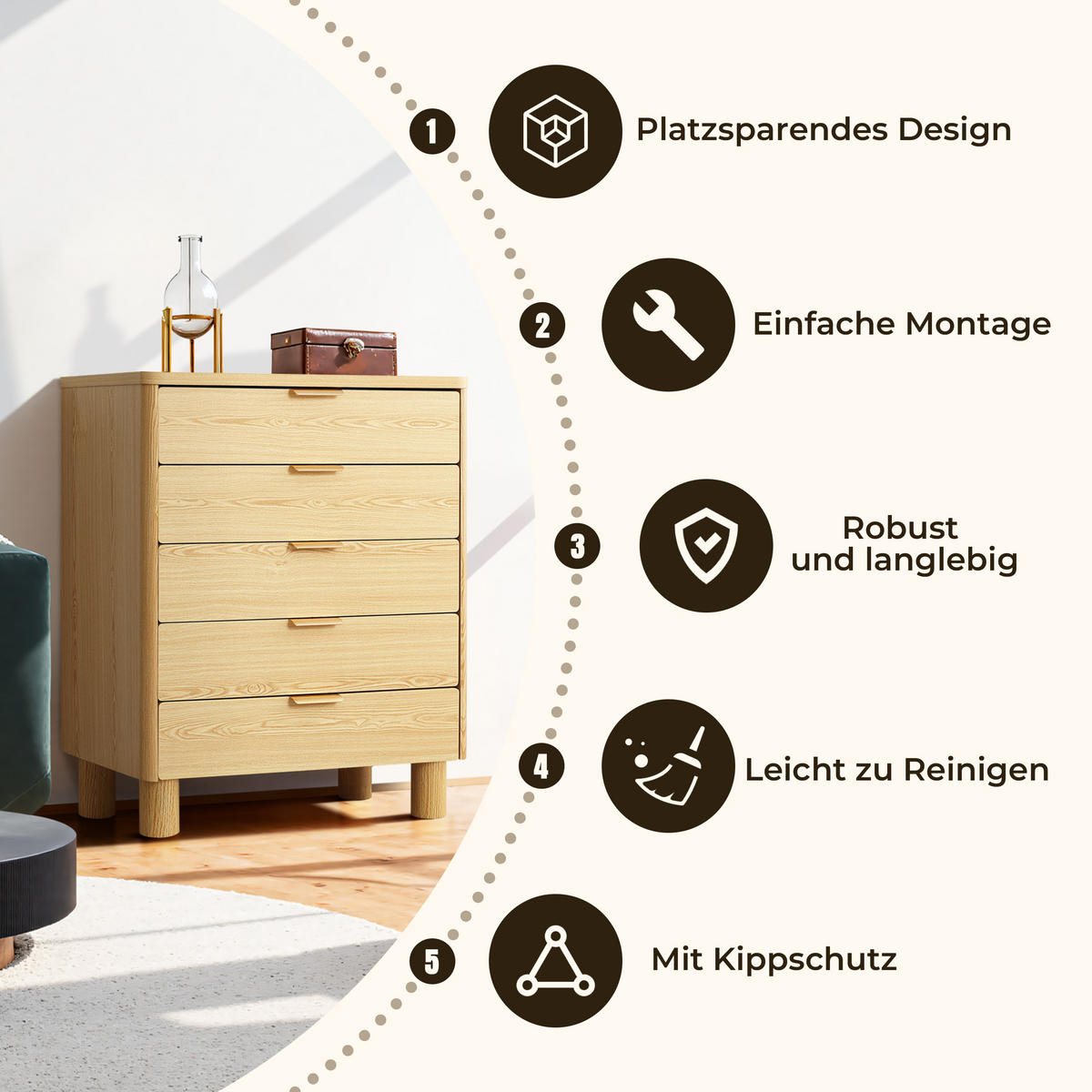 MODERNE Kommode mit fünf Schubladen, Eichenholzoptik, MDF | B 40 cm x T 50 cm x H 95 cm - Gelb/Hellgelb, Holz (40/95/80cm) - Hometopia