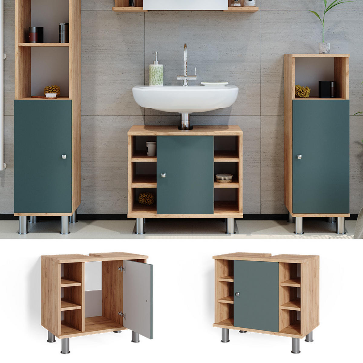 WASCHBECKENUNTERSCHRANK Fynn Grün/Goldkraft Eiche 60 x 54 cm - Eichefarben/Grün, Holzwerkstoff (60/54/32cm) - Vicco