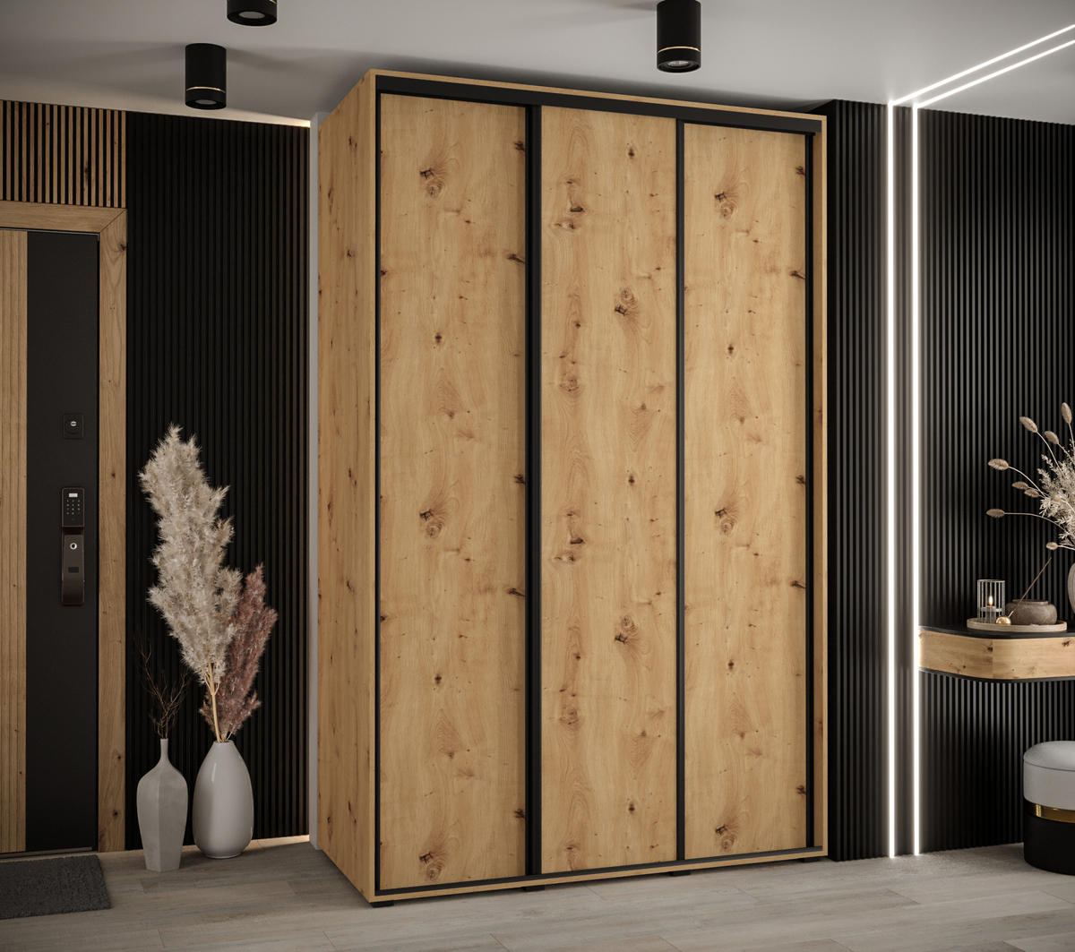 SCHWEBETÜRENSCHRANK 235,2/160/60 3-türig - Schwarz/Eiche Artisan, Holz/Metall (160/235/60cm) - Abiks Möbel