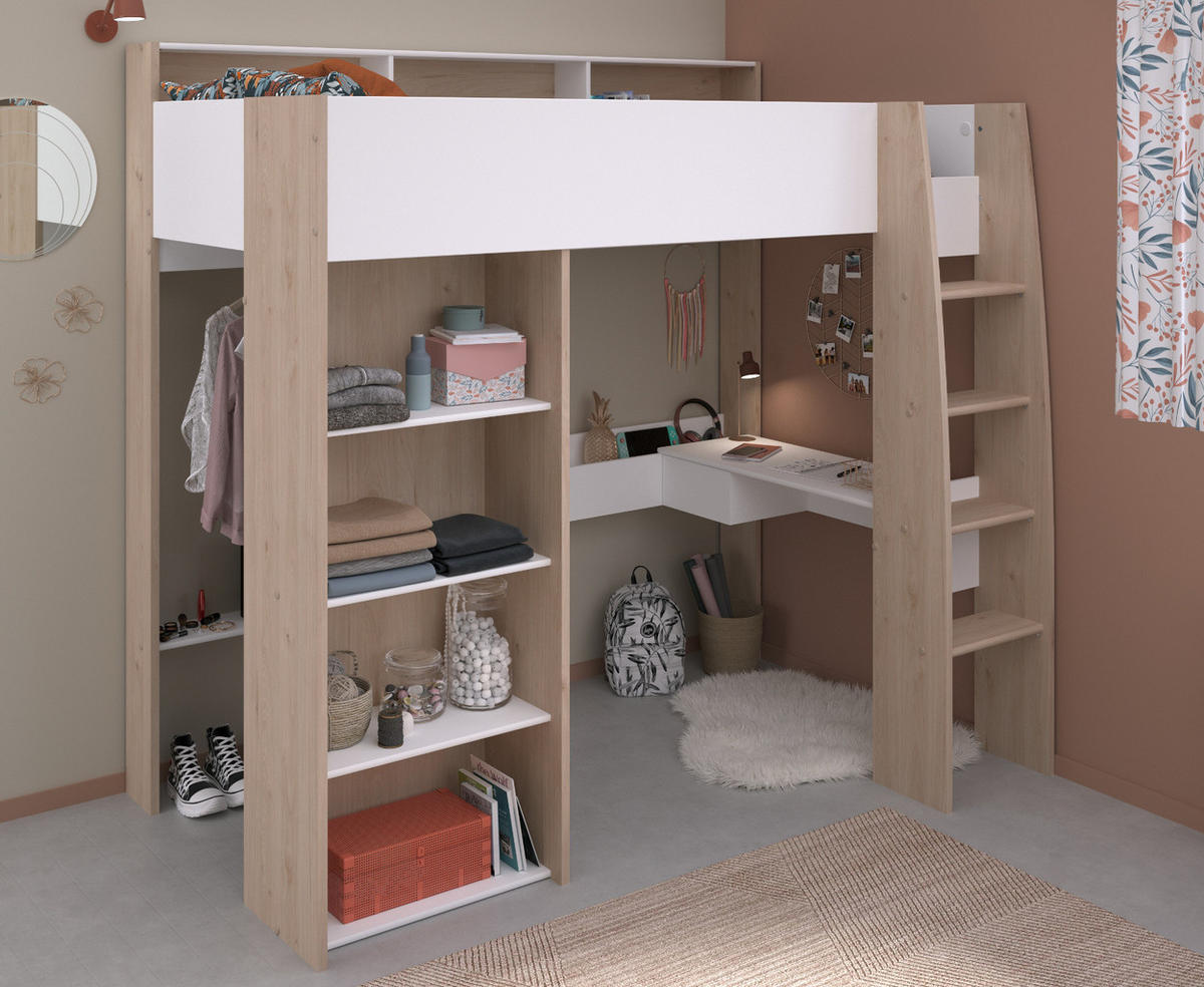 HOCHBETT Jugendzimmer Bett 90 cm mit Schreibtisch und Stauraum - Multicolor, Holz/Holzwerkstoff (90/200cm) - Parisot Meuble