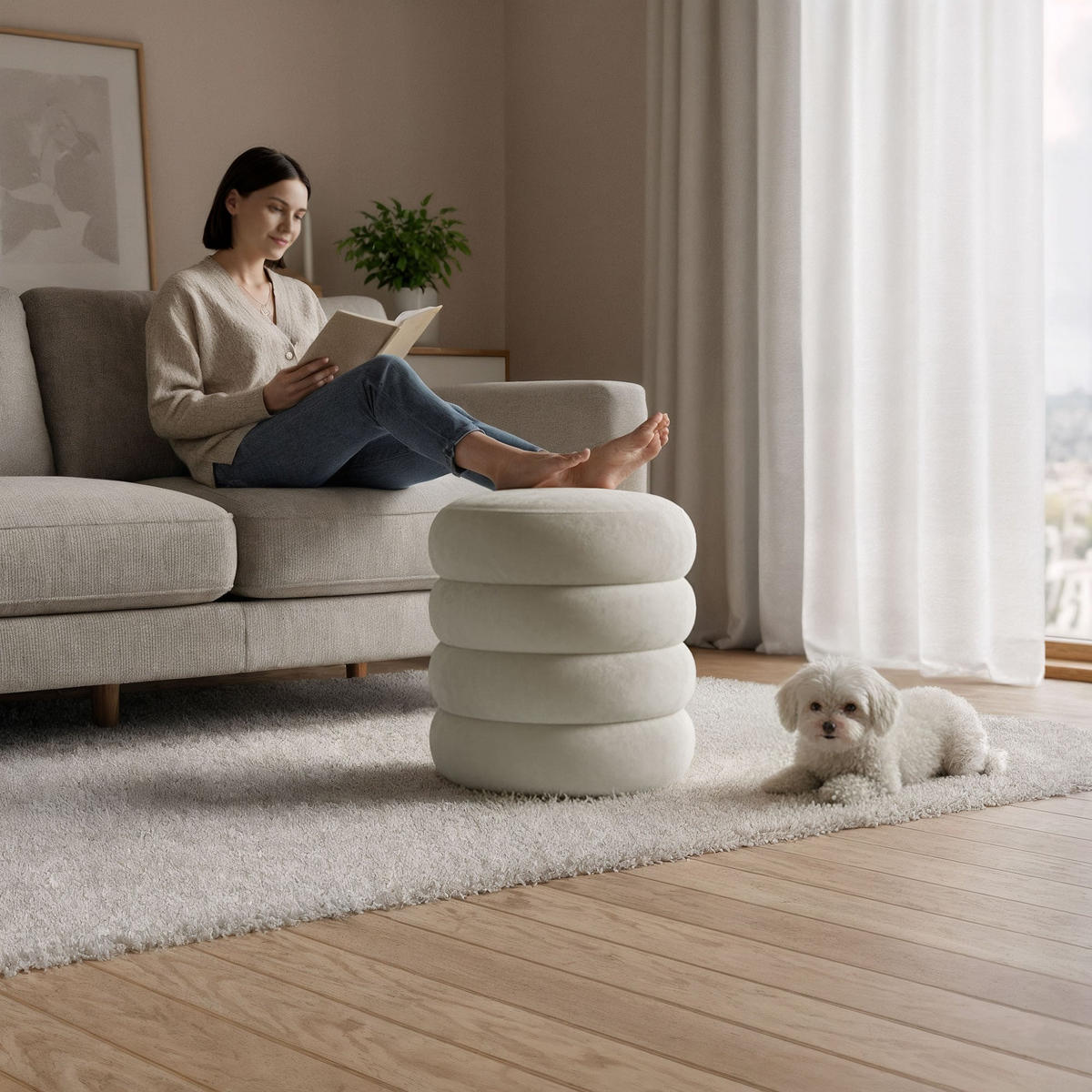 PRESVUČENI POUF s pohranom, krem - krem, tekstil (42/45/42cm) - RAUMHIRSCH FURNITURE