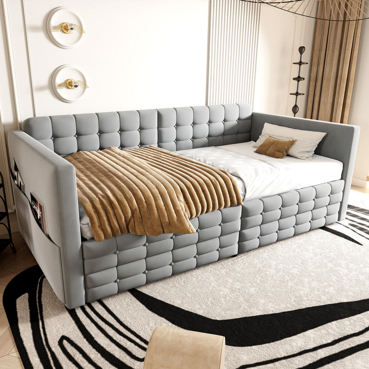 POLSTERBETT 90x190cm Schlafsofa Samt Stauraum Schubladen Grau - Hellgrau, Textil (90/190cm) - FLIEKS