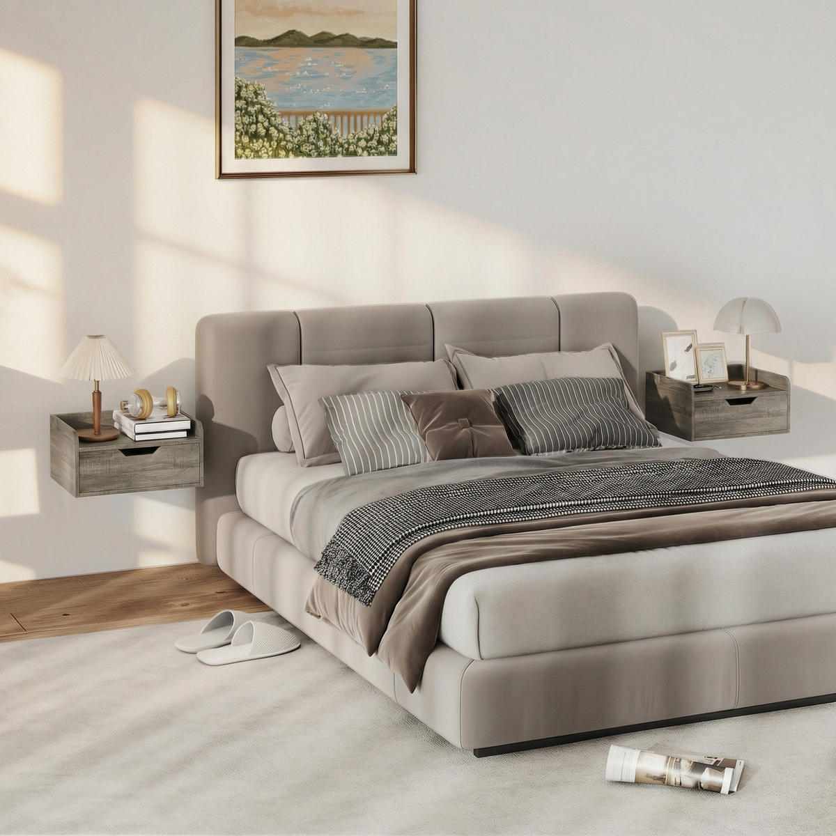 NACHTTISCH Grau Spanplatte wandhängend mit Schublade 2er-Set - Grau, Holzwerkstoff (40/19.5/30cm) - PANGIVO