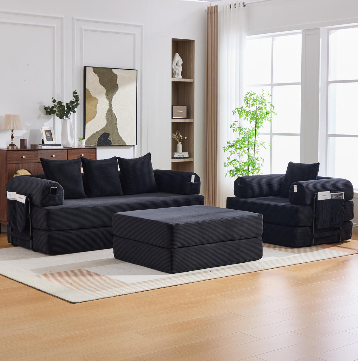 SOFA modular mit Hocker 200 x 94 x 67 cm Cord Black - Schwarz, Kunststoff (190/67/312cm) - Meubliv