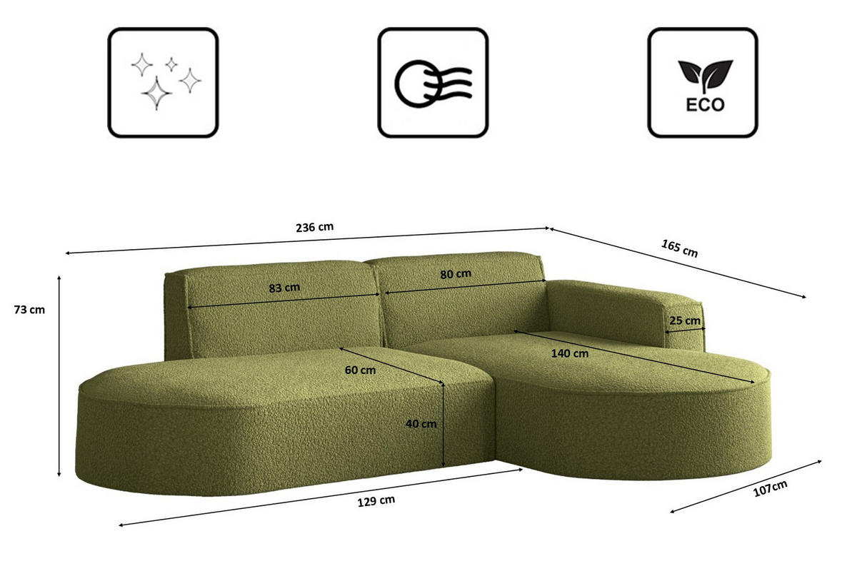 ECKSOFA Modena Studio, Stoff Quelle, Olive Rechts - Olivgrün, Holz (236/165cm) - Kaiser Möbel
