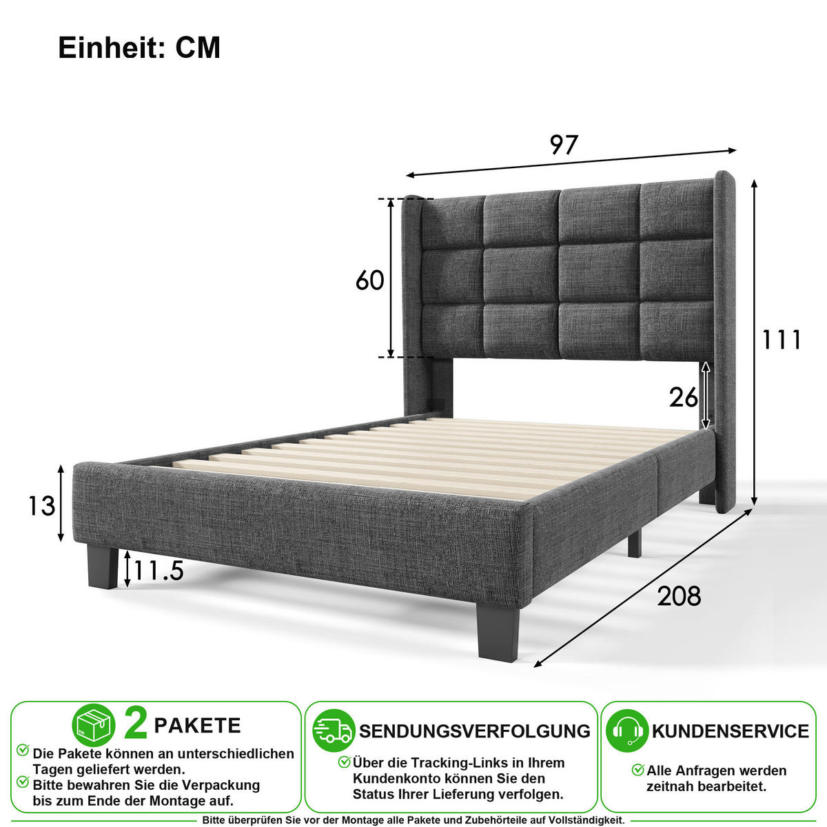 POLSTERBETT 90/200 cm in Grau Leinen mit Matratze und Lattenrost - Grau, Holzwerkstoff/Textil (90/200cm) - CHICFURN