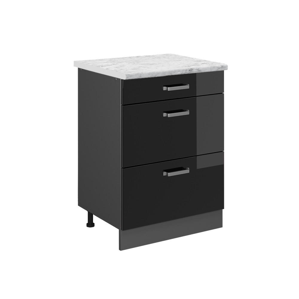 SCHUBLADENSCHRANK R-Line Schwarz Hochglanz 60 cm AP Marmor - Schwarz Hochglanz/Anthrazit, Holzwerkstoff (60/81.6/60cm) - Vicco