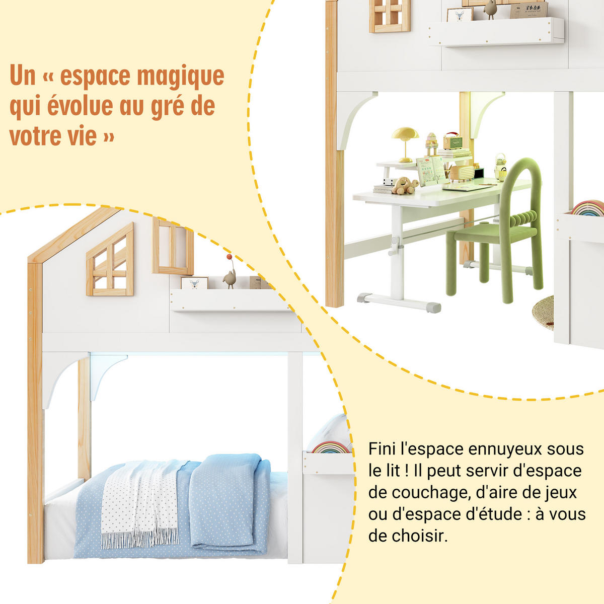 ETAGENBETT Haus 90x200 Weiß+Natur mit LED und Stauraumtreppe - Weiß, Holz (90/200cm) - ComfortXL