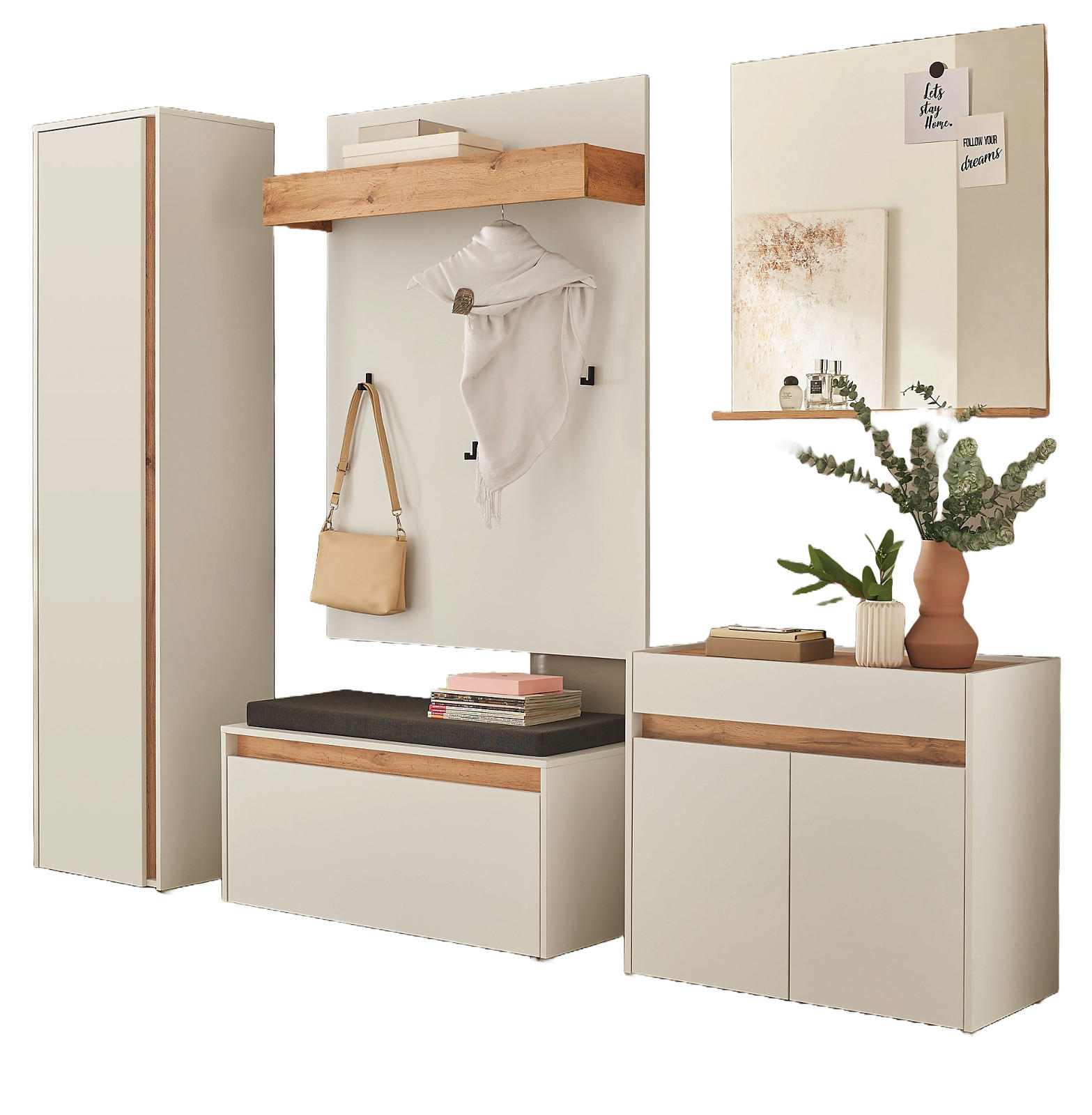 Furn.Design GARDEROBEN-SET 6-teilig weiß, Eiche Wotan 260 cm, Flurgarderobe mit viel Stauraum, inkl. Sitzkissen jetzt nur online ➤