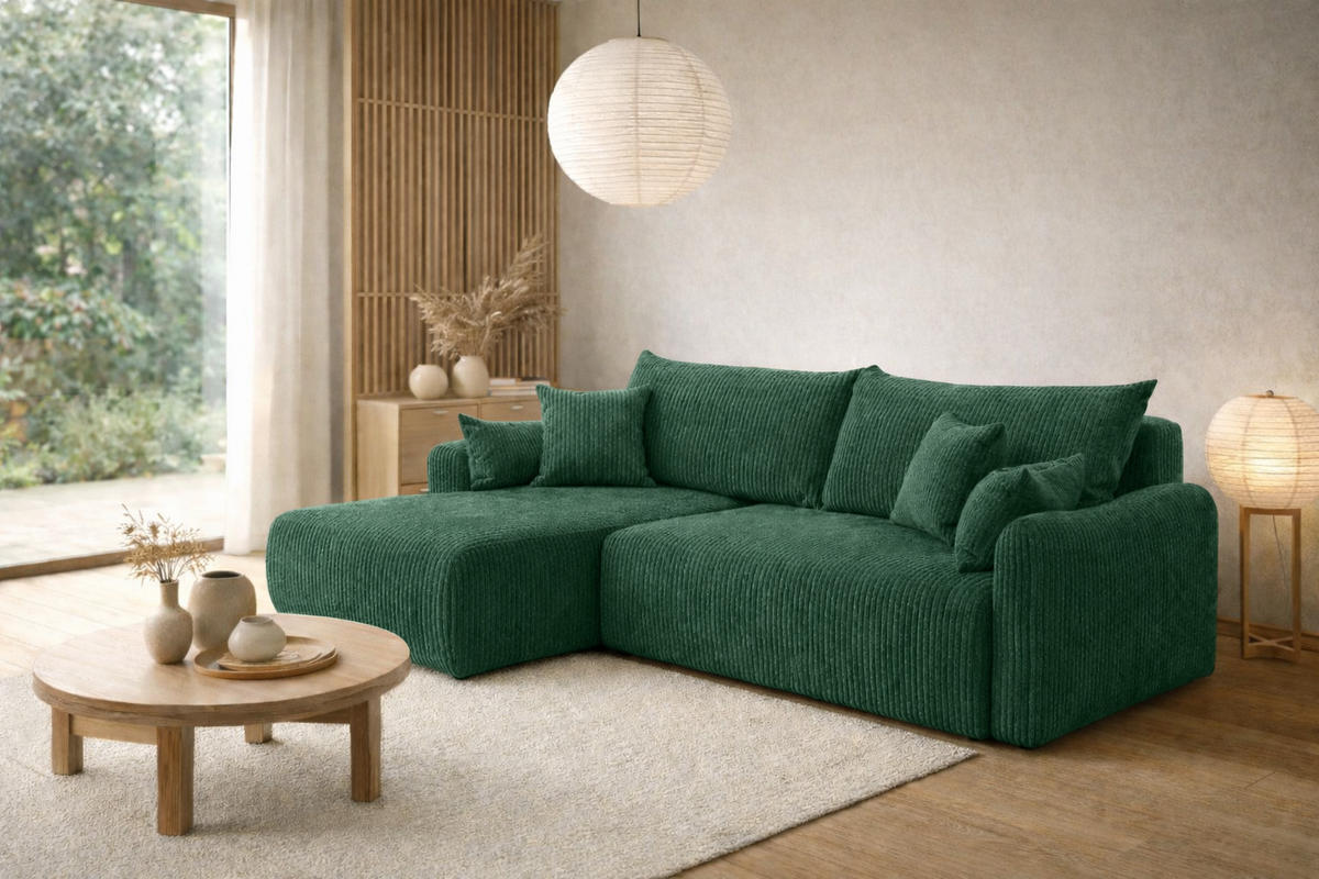 ECKSOFA Mit Schlaffunktion, Cordstoff Poso, Grün, Links, JAPANDI - Grün, Holz (262/145cm) - Kaiser Möbel