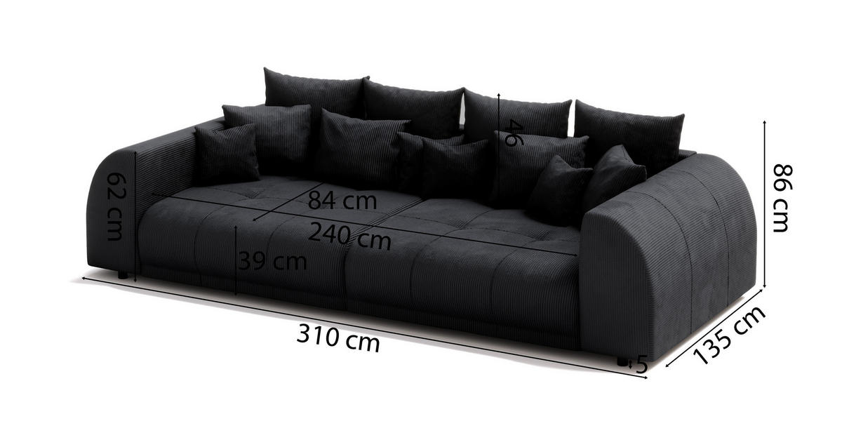BIGSOFA Levana 5 Sitzer Schwarz Cord-Stoff - Schwarz, Holz/Kunststoff (310/86/135cm) - S-Style Möbel