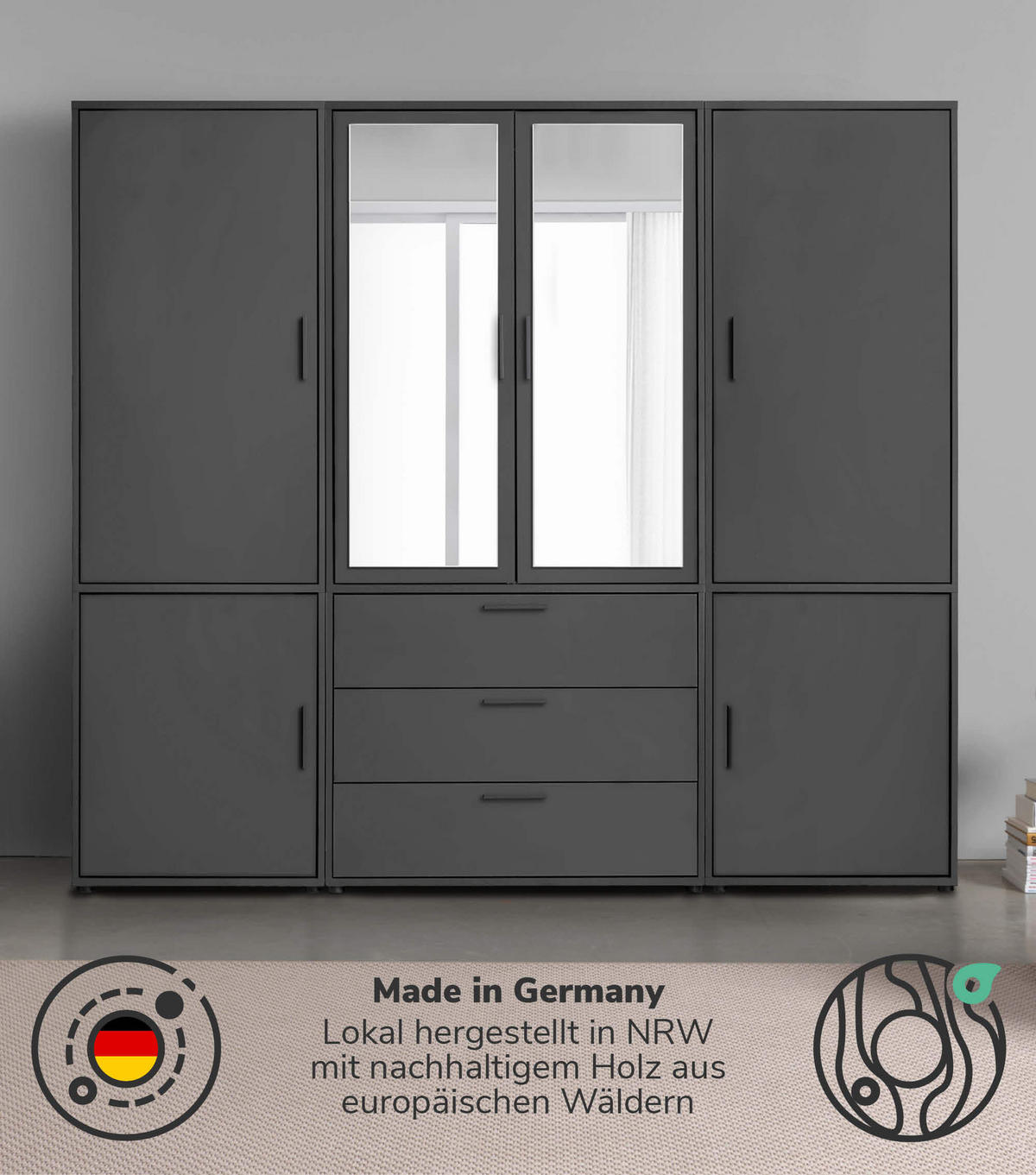 KLEIDERSCHRANK mit Spiegel Der Grenzenlose - Anthrazit, Holzwerkstoff (210/187/58cm) - Mokebo