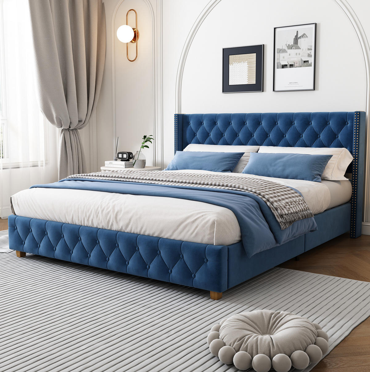 POLSTERBETT 160/200 cm Blau aus Samt mit Lattenrost - Blau, Textil (160/200cm) - OKMYHOME
