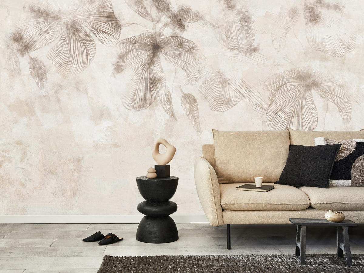 FOTOTAPETE für Wohnzimmer Boho Blumen auf Beton Natur Vintage 250x175 - Beige/Braun, Papier (250/175cm) - Muralo