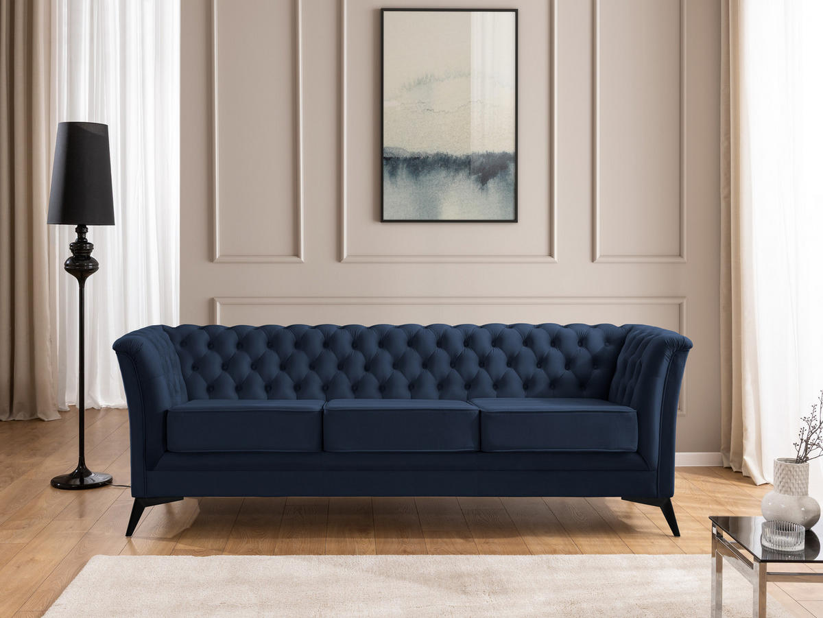 SITZGARNITUR 3+2 Chesterfield Whitby Marineblau Samt mit schwarzen Füßen - Blau/Schwarz, Holz/Textil (237/78/82cm) - S-Style Möbel