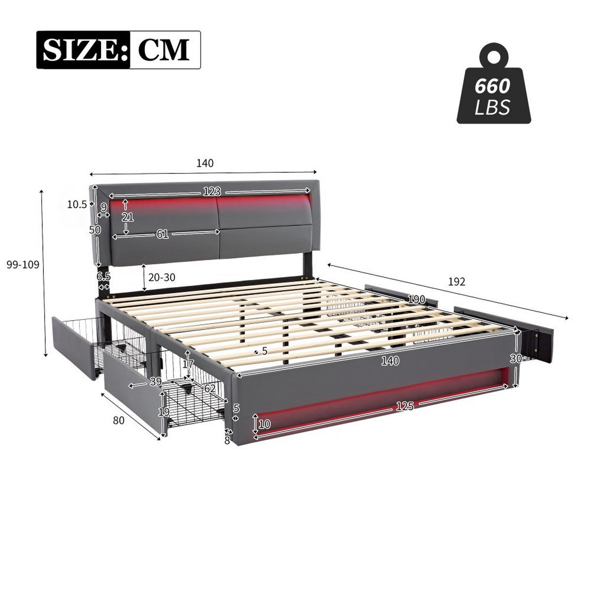 POLSTERBETT 140 x 190 cm mit USB-Anschluss - Grau, Holz/Textil (140/190cm) - KOMHTOM