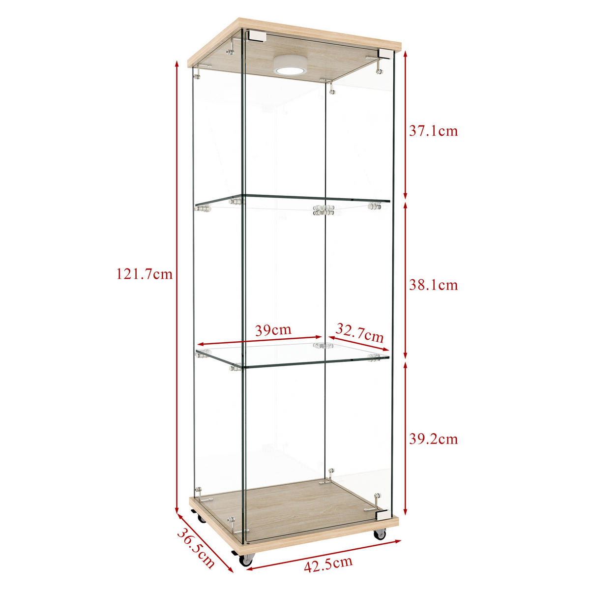 VITRINE aus MDF und Glas 36,5x42,5x120 cm Natur mit LED-Beleuchtung, Glastür und Rollen oder festen Füßen - Naturfarben, Holzwerkstoff (42.5/120/36.5cm) - Modfu