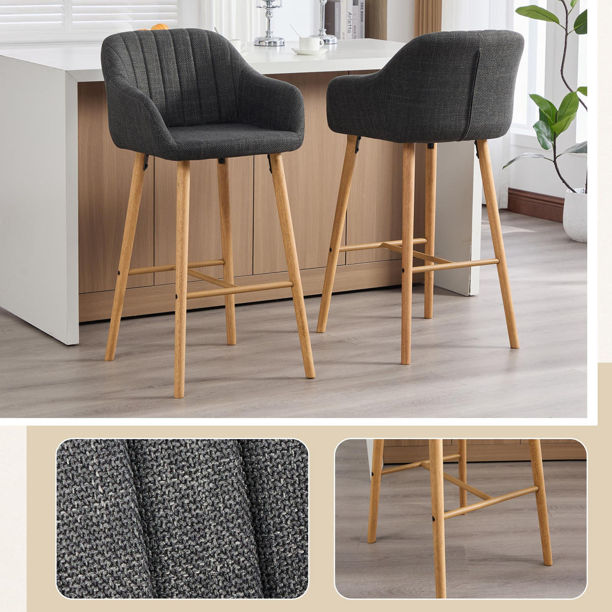 BARHOCKER,2ER-SET,BARSTÜHLE,KÜCHENSTÜHLE,LEINEN,SCHWARZ - Schwarz, Textil (55/104/51cm) - LVHOM
